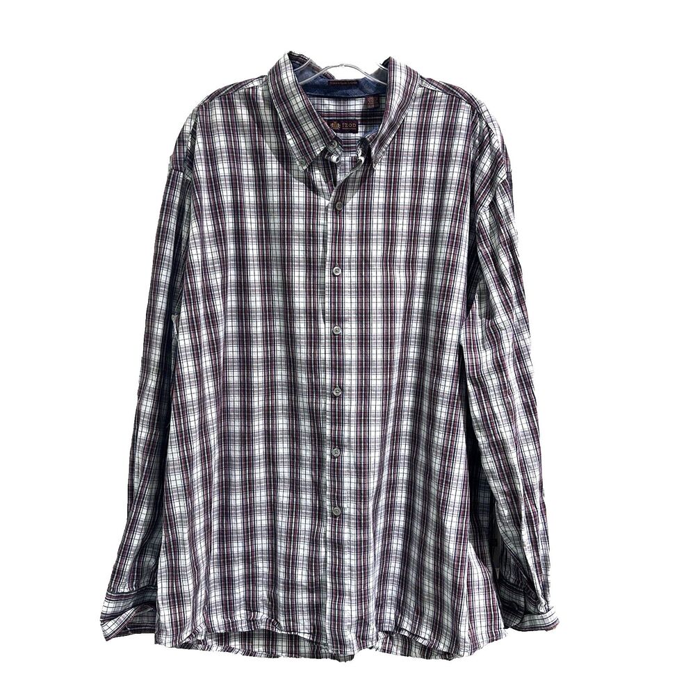 IZOD Men's Slim Fit Plaid Long Sleeve Button Down Shirt Size XXL Navy Red White